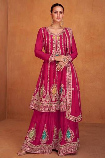 Magenta chinon embroidery with sequince work salwar kameez stitched