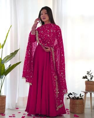 Rani Pink Colour Fox Georgette Fabric Maxi Gown With Fancy Sleeve, Embroidery Work Dupatta And Pent 1