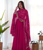 Rani Pink Colour Fox Georgette Fabric Maxi Gown With Fancy Sleeve, Embroidery Work Dupatta And Pent
