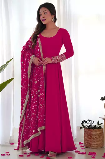 Rani Pink Colour Fox Georgette Fabric Maxi Gown With Fancy Sleeve, Embroidery Work Dupatta And Pent