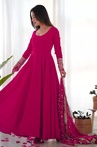 Rani Pink Colour Fox Georgette Fabric Maxi Gown With Fancy Sleeve, Embroidery Work Dupatta And Pent