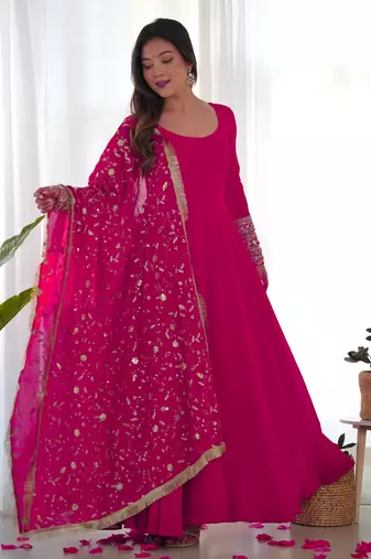 Rani Pink Colour Fox Georgette Fabric Maxi Gown With Fancy Sleeve, Embroidery Work Dupatta And Pent