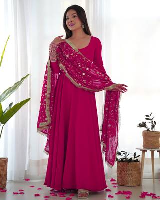Rani Pink Colour Fox Georgette Fabric Maxi Gown With Fancy Sleeve, Embroidery Work Dupatta And Pent 5
