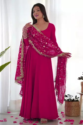Rani Pink Colour Fox Georgette Fabric Maxi Gown With Fancy Sleeve, Embroidery Work Dupatta And Pent