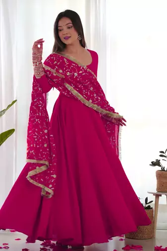 Rani Pink Colour Fox Georgette Fabric Maxi Gown With Fancy Sleeve, Embroidery Work Dupatta And Pent