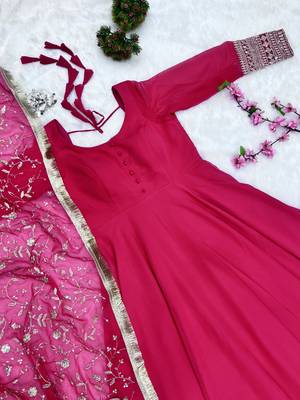 Rani Pink Colour Fox Georgette Fabric Maxi Gown With Fancy Sleeve, Embroidery Work Dupatta And Pent 9