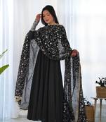 Black Colour Fox Georgette Fabric Maxi Gown With Fancy Sleeve, Embroidery Work Dupatta And Pent