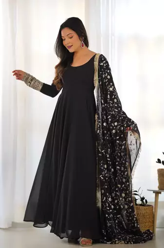Black Colour Fox Georgette Fabric Maxi Gown With Fancy Sleeve, Embroidery Work Dupatta And Pent