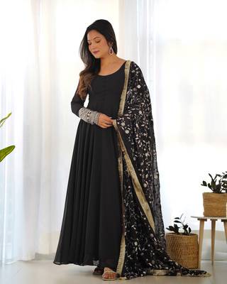 Black Colour Fox Georgette Fabric Maxi Gown With Fancy Sleeve, Embroidery Work Dupatta And Pent 4