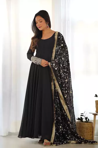 Black Colour Fox Georgette Fabric Maxi Gown With Fancy Sleeve, Embroidery Work Dupatta And Pent