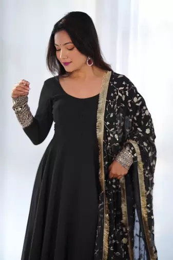 Black Colour Fox Georgette Fabric Maxi Gown With Fancy Sleeve, Embroidery Work Dupatta And Pent
