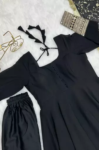Black Colour Fox Georgette Fabric Maxi Gown With Fancy Sleeve, Embroidery Work Dupatta And Pent
