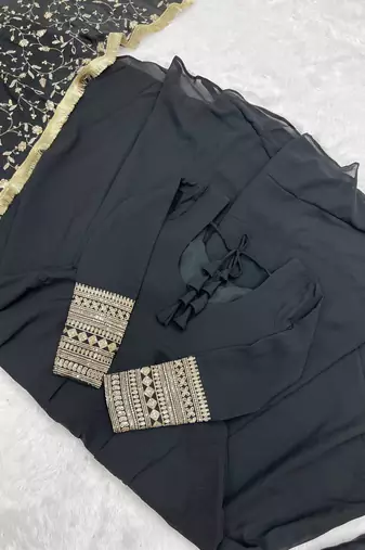 Black Colour Fox Georgette Fabric Maxi Gown With Fancy Sleeve, Embroidery Work Dupatta And Pent