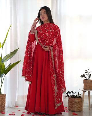Red Colour Fox Georgette Fabric Maxi Gown With Fancy Sleeve, Embroidery Work Dupatta And Pent 1
