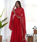 Red Colour Fox Georgette Fabric Maxi Gown With Fancy Sleeve, Embroidery Work Dupatta And Pent