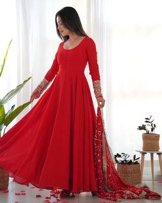 Red Colour Fox Georgette Fabric Maxi Gown With Fancy Sleeve, Embroidery Work Dupatta And Pent 2