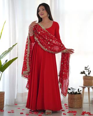 Red Colour Fox Georgette Fabric Maxi Gown With Fancy Sleeve, Embroidery Work Dupatta And Pent 4