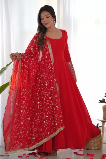 Red Colour Fox Georgette Fabric Maxi Gown With Fancy Sleeve, Embroidery Work Dupatta And Pent