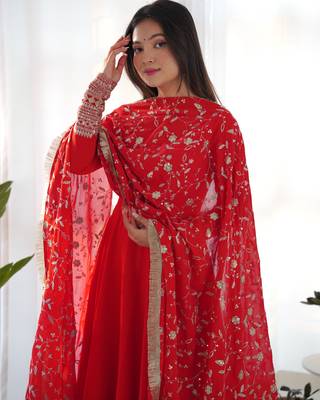 Red Colour Fox Georgette Fabric Maxi Gown With Fancy Sleeve, Embroidery Work Dupatta And Pent 6