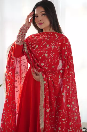 Red Colour Fox Georgette Fabric Maxi Gown With Fancy Sleeve, Embroidery Work Dupatta And Pent