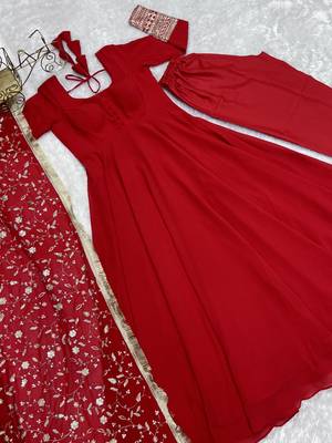 Red Colour Fox Georgette Fabric Maxi Gown With Fancy Sleeve, Embroidery Work Dupatta And Pent 7