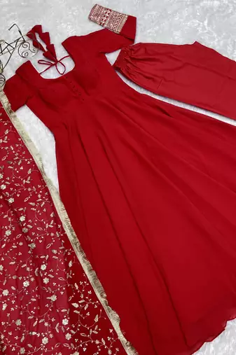 Red Colour Fox Georgette Fabric Maxi Gown With Fancy Sleeve, Embroidery Work Dupatta And Pent