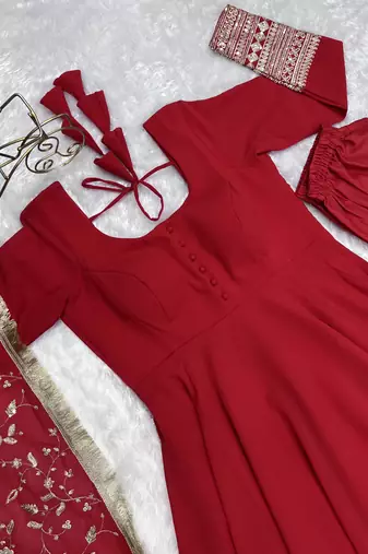 Red Colour Fox Georgette Fabric Maxi Gown With Fancy Sleeve, Embroidery Work Dupatta And Pent