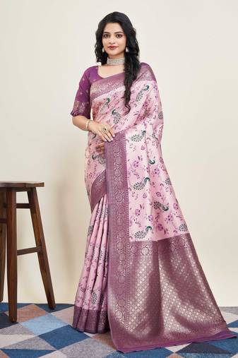 Lavender Banarasi Weaving silk Saree & Banarasi silk blend Blouse
