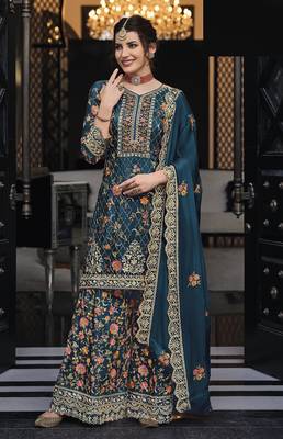Dark teal color premium silk embroidered palazzo suit 1