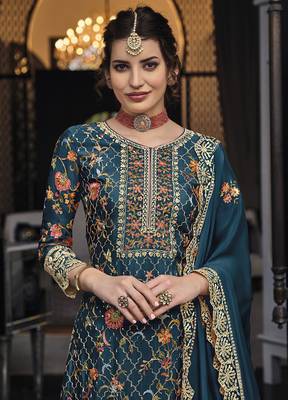 Dark teal color premium silk embroidered palazzo suit 2