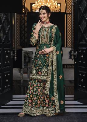 Dark green color premium silk embroidered palazzo suit 1