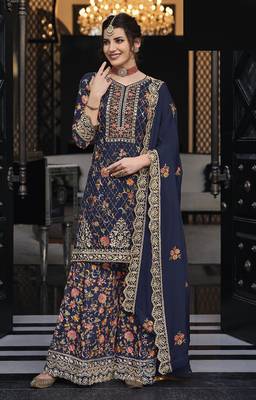 Navy blue color premium silk embroidered palazzo suit 1