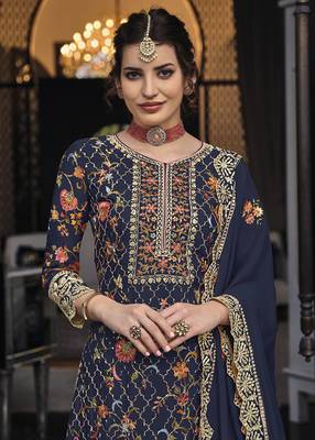 Navy blue color premium silk embroidered palazzo suit 2