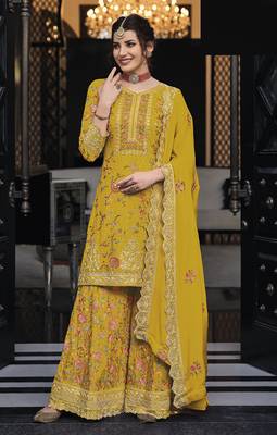 Mustard color premium silk embroidered palazzo suit 1
