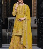 Mustard color premium silk embroidered palazzo suit