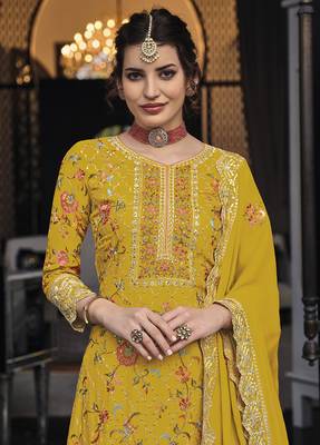 Mustard color premium silk embroidered palazzo suit 2