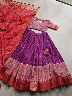 Purple Color Dola Silk With Bandhani And Ajarakh Print Foil Work Lehenga Choli For Women 6