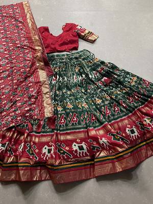 Green Colour Tussar Silk With Patola Print Foil Work and Gotta Patti Lace Border Also Comes With Tassels Lehenga Choli   6