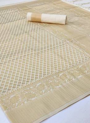 White Golden Soft Silk Blend Saree With Blouse 2