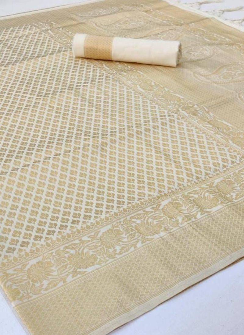 White Golden Soft Silk Blend Saree With Blouse