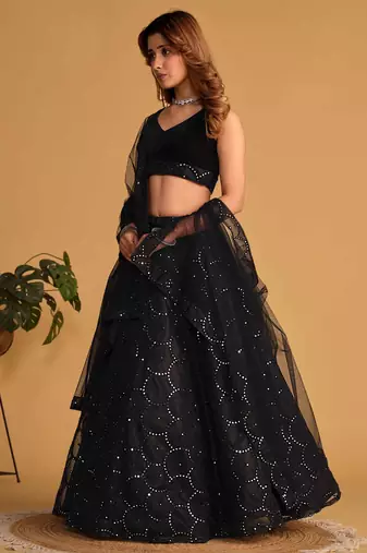Mesmerizing Black Mirror Work Organza Reception Wear Lehenga Choli