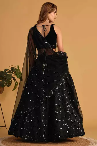 Mesmerizing Black Mirror Work Organza Reception Wear Lehenga Choli