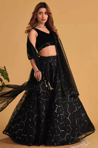 Mesmerizing Black Mirror Work Organza Reception Wear Lehenga Choli