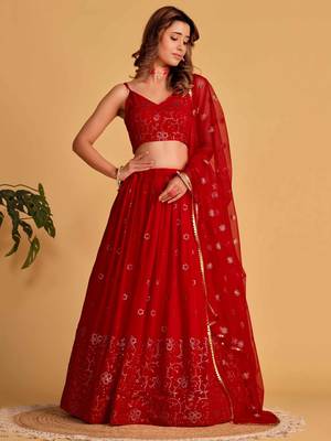 marvelous red embroidered georgette lehenga set choli with dupatta 1