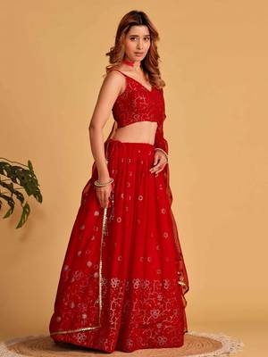 marvelous red embroidered georgette lehenga set choli with dupatta 2