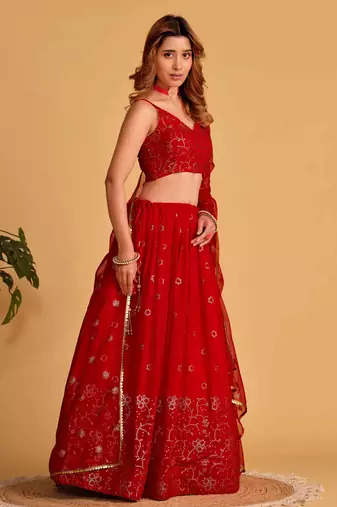 marvelous red embroidered georgette lehenga set choli with dupatta