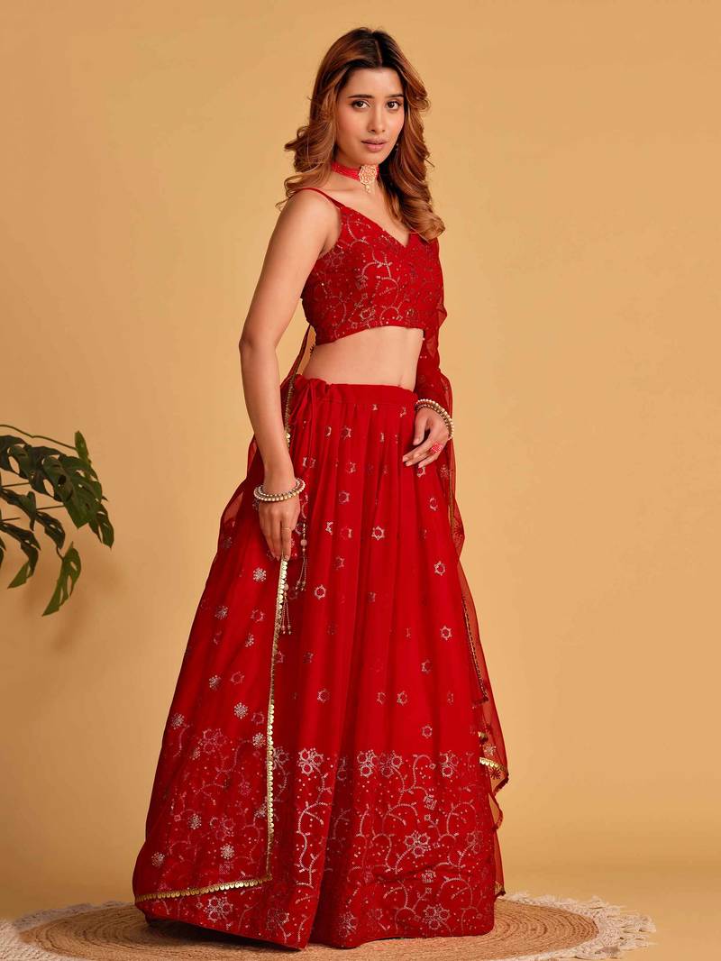 Marvelous Red Embroidered Georgette Engagement Wear Lehenga Choli