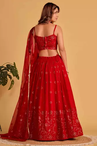 marvelous red embroidered georgette lehenga set choli with dupatta