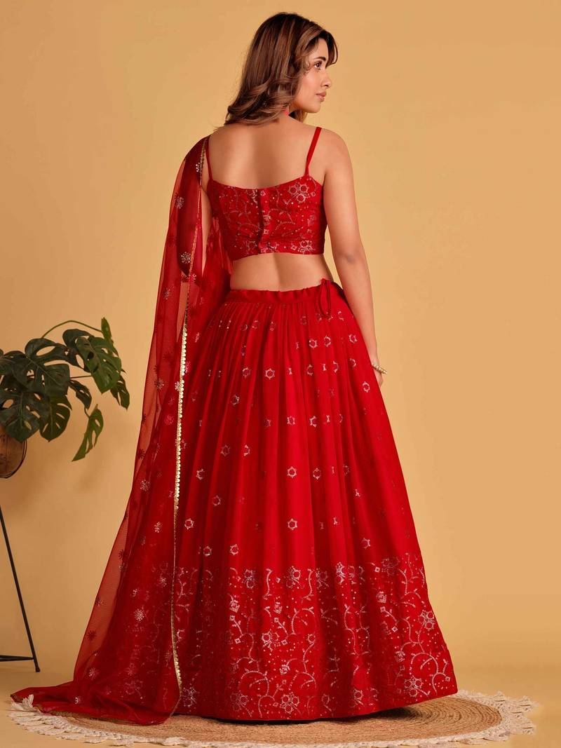 Marvelous Red Embroidered Georgette Engagement Wear Lehenga Choli