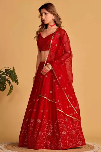 marvelous red embroidered georgette lehenga set choli with dupatta